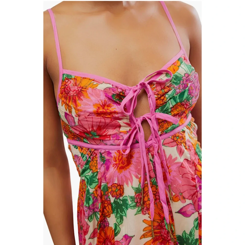 FREE PEOPLE PINK FLORAL DREAM WEAVER BOHO MAXI DRESS SZ XS